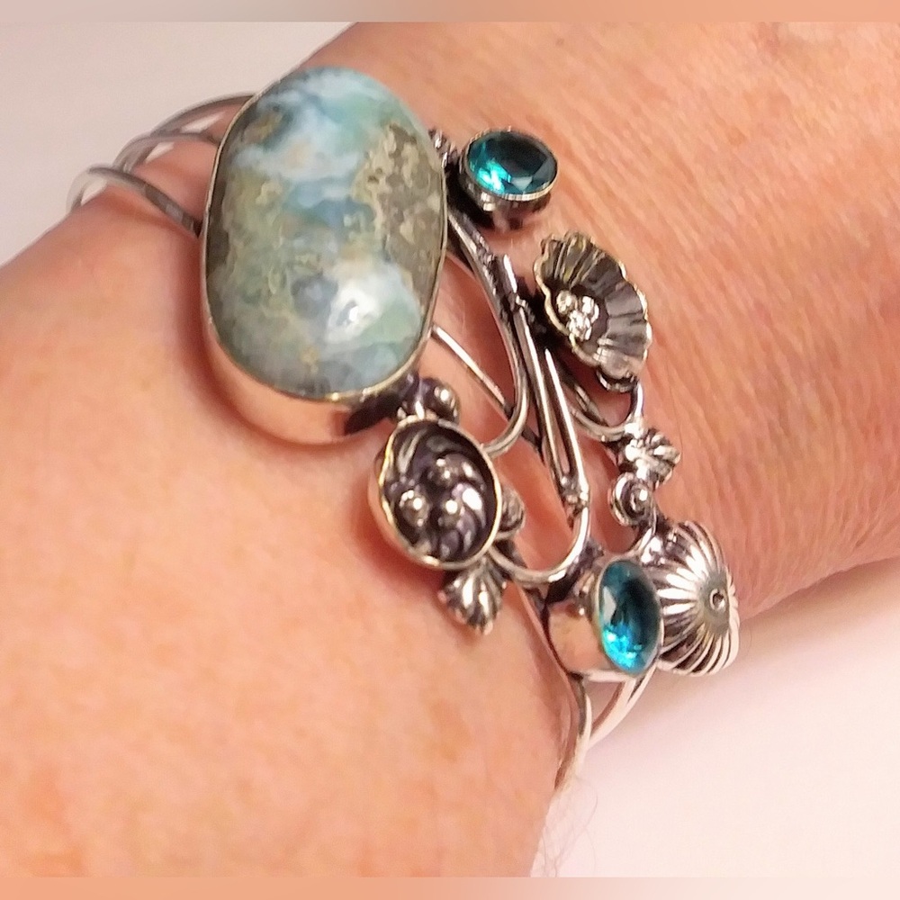 Larimar Blue Topaz Stamped 925 Sterling Silver Cuff Bracelet